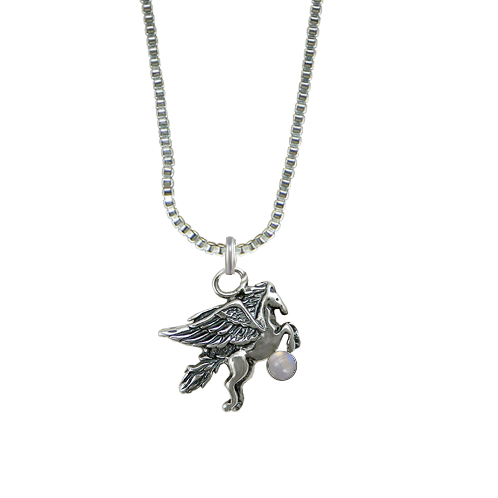 Sterling Silver Little Winged Horse Pegasus Pendant With Rainbow Moonstone